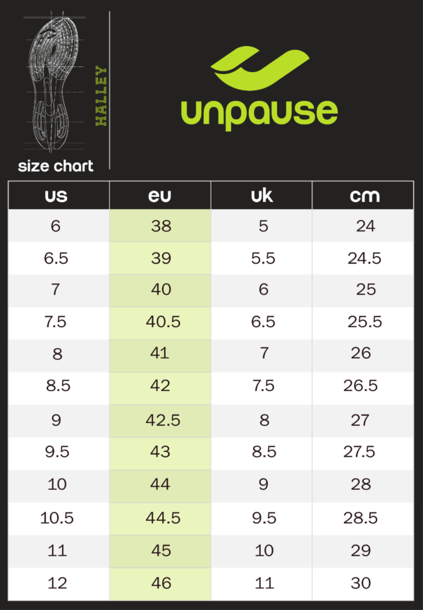 UNPAUSE SIZE CHART HALLEY – https://unpauseshoes.com/shop/halley-light/halley-light-samba-blue/